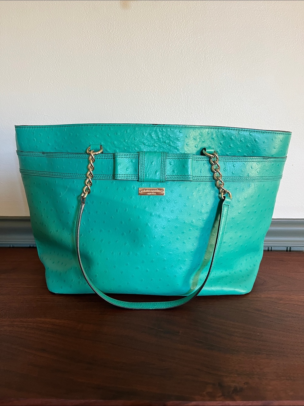 kate spade Teal Leather Tote with Chain-Strap Handles